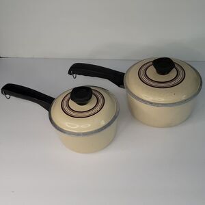 VTG  Club Aluminum Saucepan With Lid Cream Brown Stripe Retro Kitchen Cookware